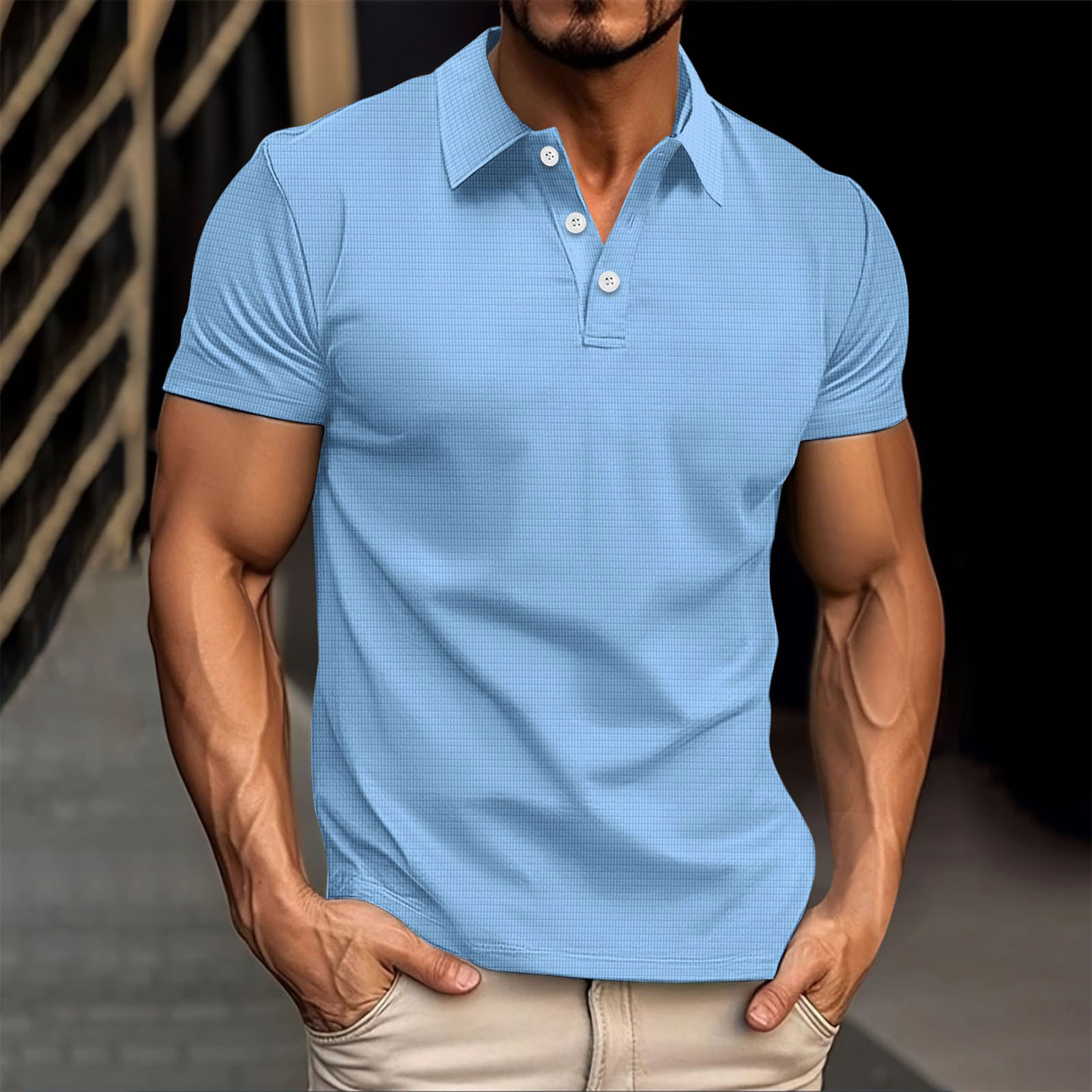 thumbnail image 3 of Camiseta informal de manga corta con solapa para hombre, camisetas de verano lisas para la playa y las vacaciones, 3 of 5